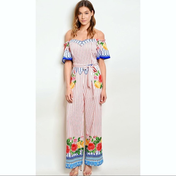 ⛔️SOLD⛔️STRIPES & RUFFLES OFF SHOULDER JUMPSUIT - Picture 3 of 7